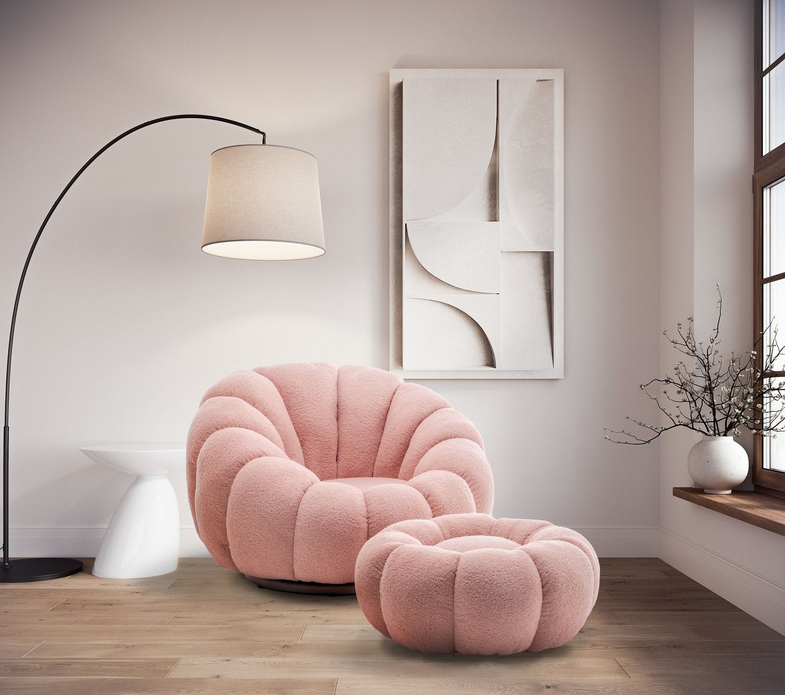 Teddy Boucle Fabric Pink 1 Seater Swivel Sofa with Footstool MIRIELLE - Image 2