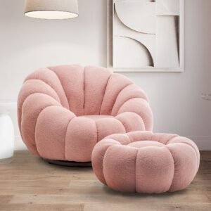 Teddy Boucle Fabric Pink 1 Seater Swivel Sofa with Footstool MIRIELLE