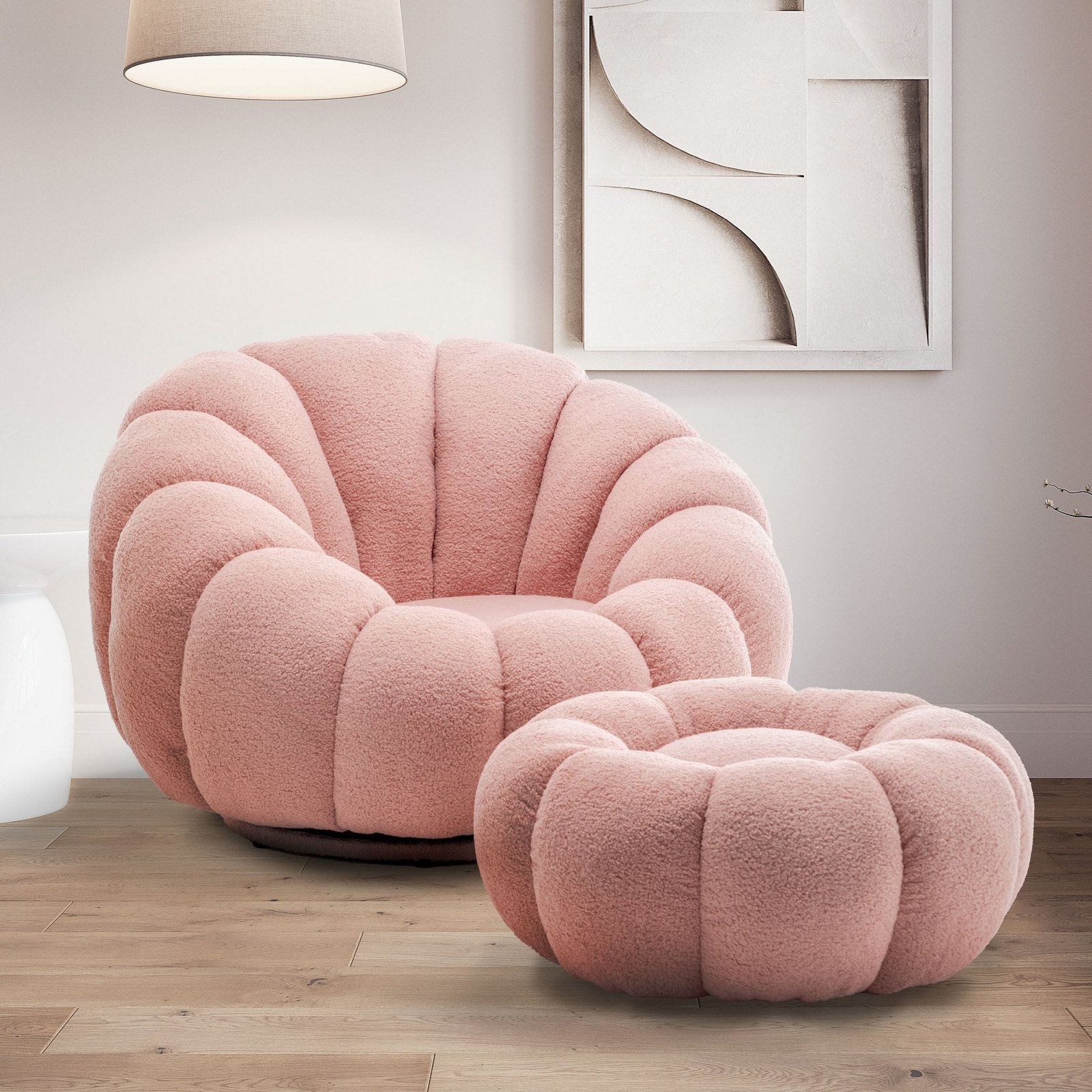 Teddy Boucle Fabric Pink 1 Seater Swivel Sofa with Footstool MIRIELLE