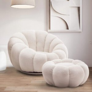 Teddy Boucle Fabric White 1 Seater Swivel Sofa with Footstool MIRIELLE