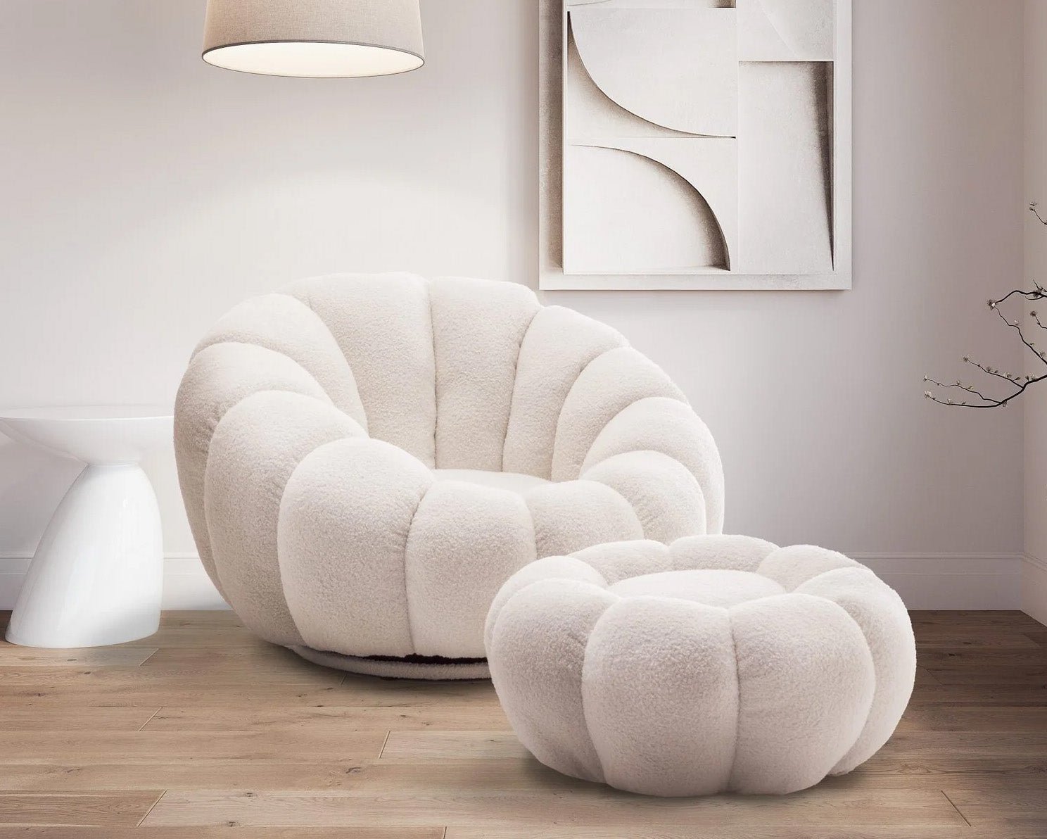 Teddy Boucle Fabric White 1 Seater Swivel Sofa with Footstool MIRIELLE
